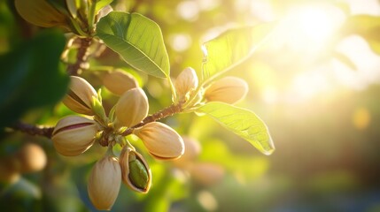 Sunlight filters through the leaves, highlighting the developing pistachio nuts on the branches. This healthy pistachio tree thrives in a warm climate during the growing season