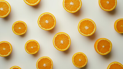 オレンジの断面が広がるパターン|フレッシュな柑橘類|白背景のリアルフードデザイン