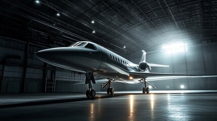 Fototapeta premium A sleek luxury jet is positioned in a spacious hangar, bathed in dramatic lighting that highlights its contours and design. The environment offers plenty of space for promotional content