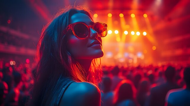 A silhouette of a crowd enjoying music against the backdrop of a brightly lit stage at night