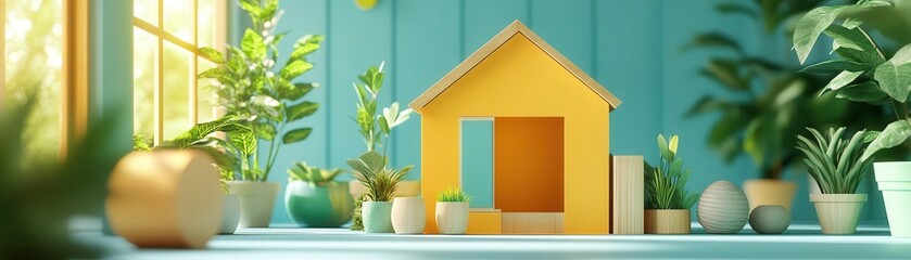 A cheerful yellow house model surrounded by vibrant plants, set against a turquoise wall, creating a fresh and inviting atmosphere.