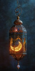 Obraz premium Ramadan Kareem Celebration of Islamic Faith and Community with Crescent Moon and Lanterns in a Festive Decoration on Background.