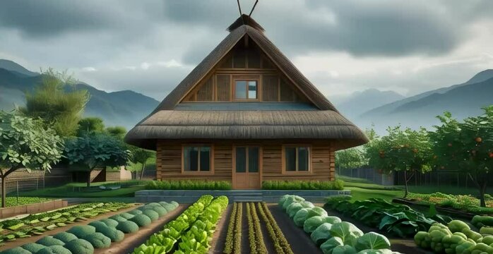 a traditional wooden house with a thatched roof, surrounded by a lush garden with rows of vegetables and fruit trees. The background should show a mountain range with a cloudy sky