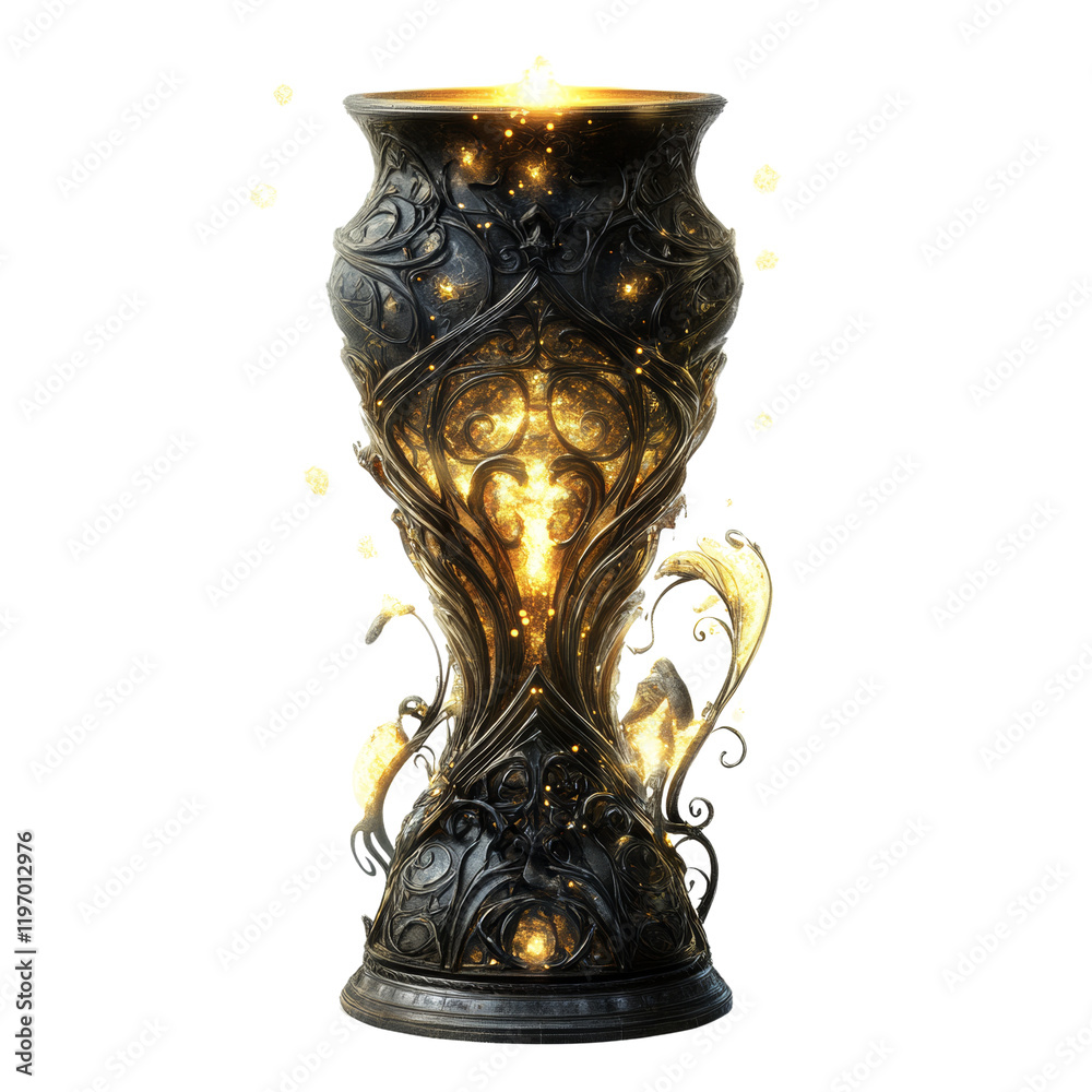 Poster a digitally rendered image of an elaborate, dark metal vase with glowing golden light emanating from