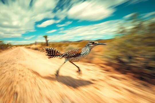 A roadrunner runs swiftly along a dirt road under a vibrant sky, captured with motion blur to emphasize its speed and agility
