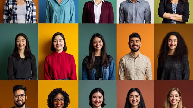 Diverse Professionals: A Colorful Grid of Smiling Individuals Representing Inclusion and Teamwork in a Modern Business Setting