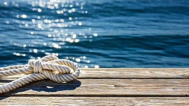 Rope knot rests on weathered wooden dock, reflecting sunlight on calm water, creating a serene natural setting and inviting atmosphere