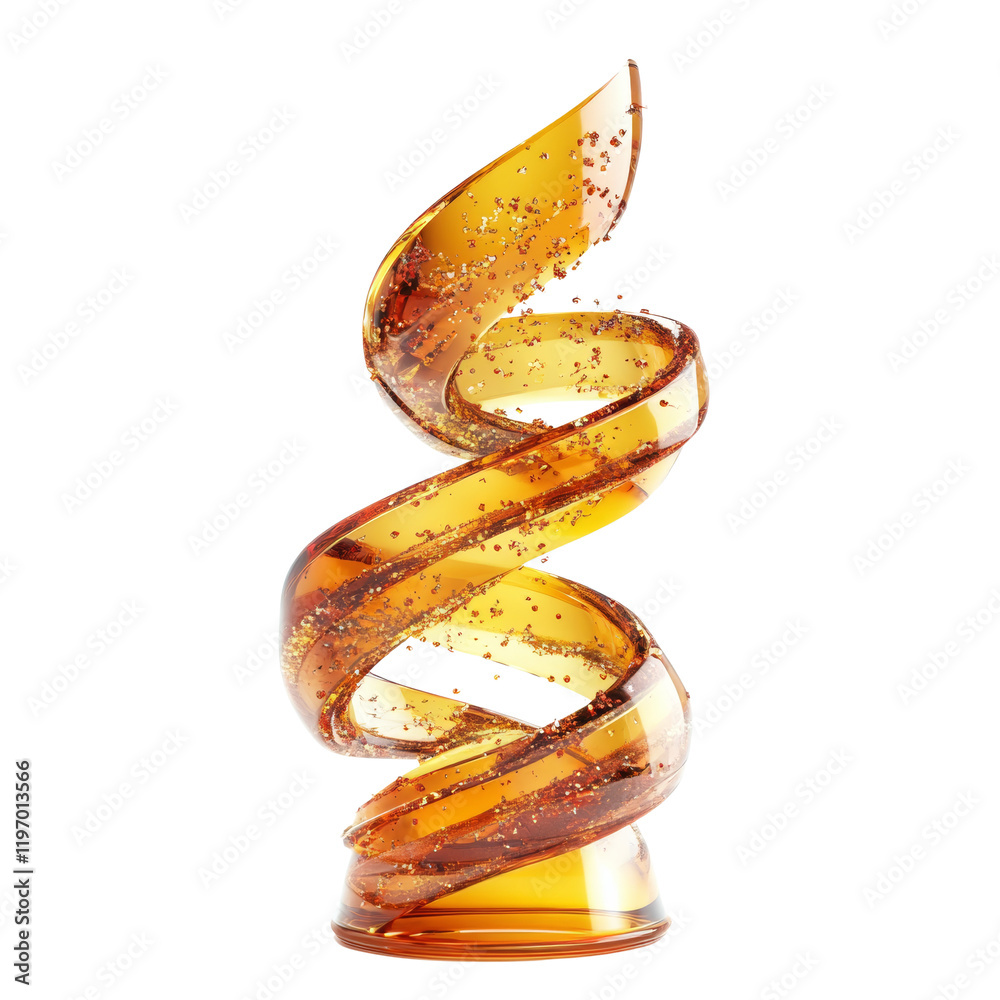 Poster A digitally rendered image showcasing a spiraling amber liquid contained within a glass structure, displaying intricate details and a dynamic flow.