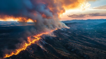 Fototapeta premium A dramatic aerial view of a wildfire engulfing a mountainous landscape, featuring flames and thick smoke against a colorful sunset sky