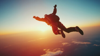 Skydiver jumping out of airplane at sunset, extreme sports background