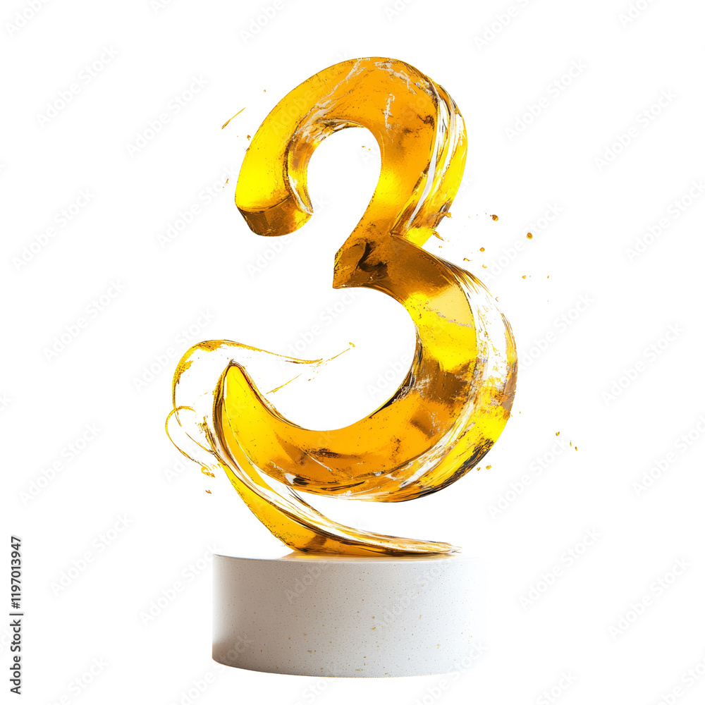 Poster A three dimensional rendering of the number three sculpted from liquid gold and displayed on a white cylindrical base.