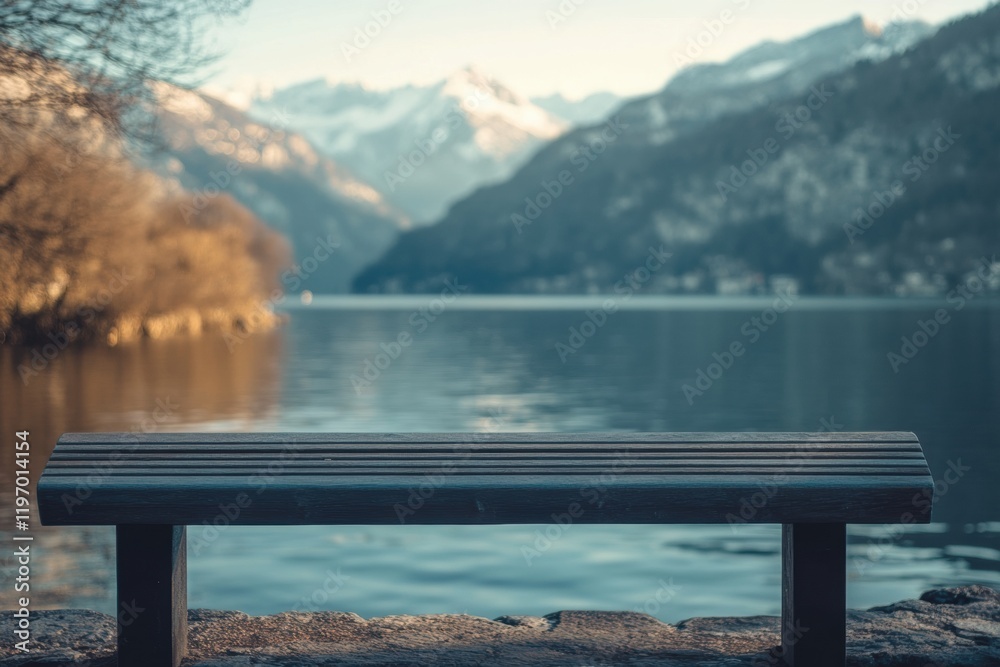 Leinwandbilder scenic view of serene lake with empty bench overlooking mountains at dusk. generative ai