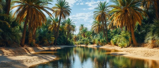 Fototapeta premium A serene oasis featuring lush palm trees along a tranquil river, under a bright sky, highlighting the beauty of nature in a sunlit landscape