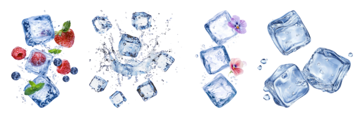 PNG Refreshing ice cubes with flowers set, isolated on transparent background