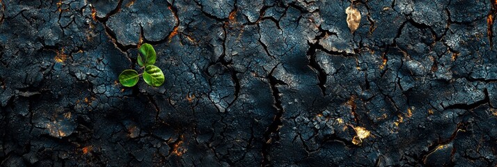 A single green sprout emerges from dry, cracked earth, showcasing new life in forest fire aftermath