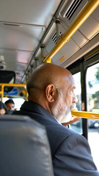 Elderly man with a bald head and a neatly groomed white beard, standing on a crowded bus while looking through the window.