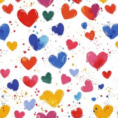 Messy hearts pattern, colorful and abstract, scattered randomly on a white background with splashes of watercolor effects