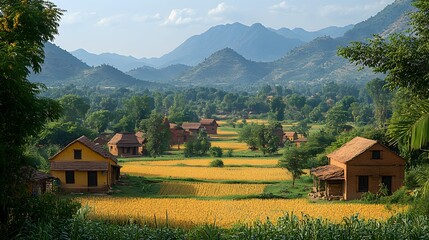 Obraz premium A scenic view of a Vaisakhi celebration in a rural village with fields and traditional dance performances