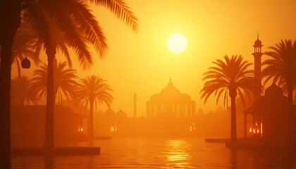 Sunset over a hazy cityscape with palm trees and a mosque