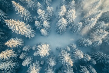 A stunning aerial view of snow-covered evergreen trees, showcasing a winter landscape with a serene and peaceful ambiance