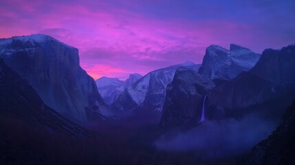 Fototapeta premium Yosemite Valleys Majestic Sunset Purple Hues, SnowCapped Peaks, Waterfall