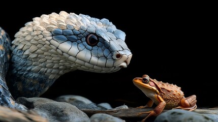 Obraz premium Blue Viper Yellow Frog, a Study in Contrasting Colors on an Isolated Black Background.