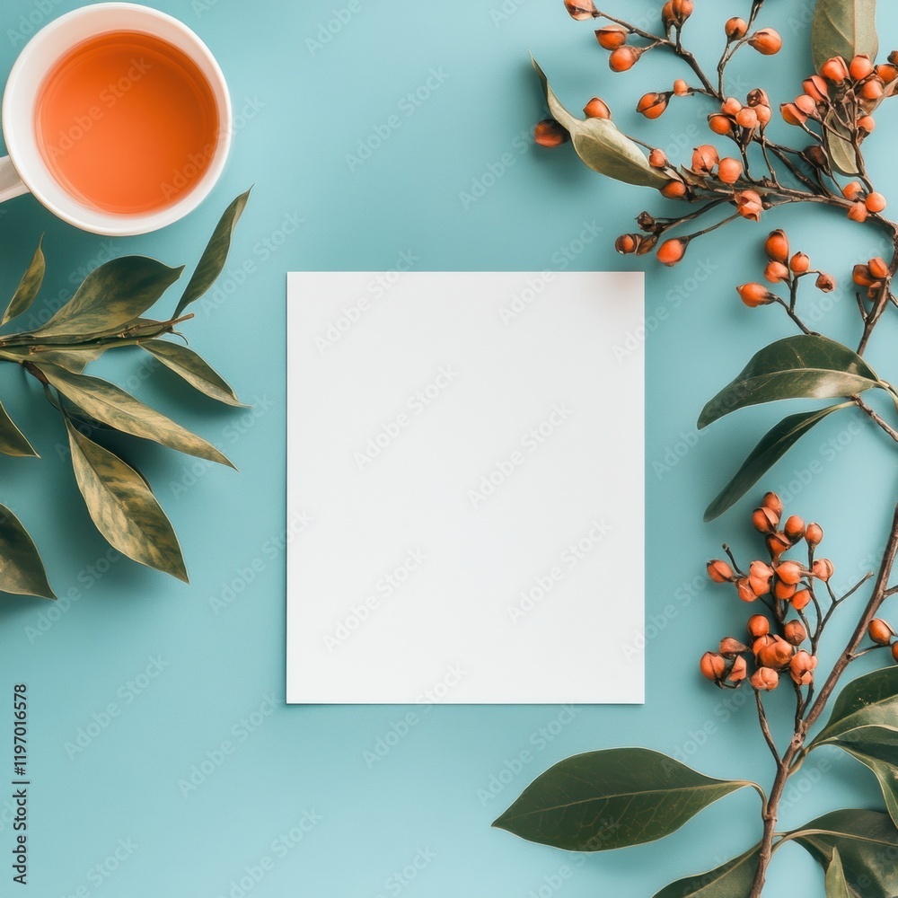 Leinwandbilder bright blue background with empty square template surrounded by leaves and berries for creative desi