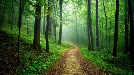 Obraz premium Winding Forest Path Through Lush Green Trees