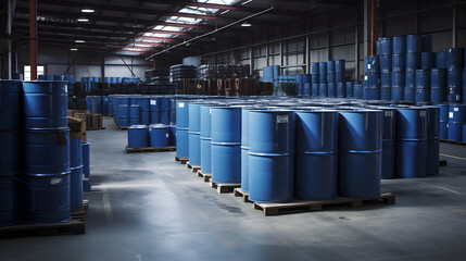 a large warehouse with blue barrels