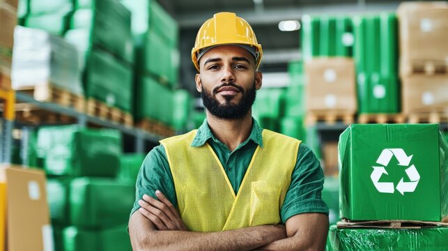 Professional Male Worker in Yellow Hard Hat and Safety Vest Standing Confidently in Eco-Friendly Warehouse - Powered by Adobe