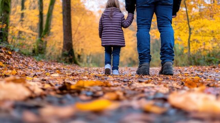 Fototapeta premium Father and young daughter walk hand in hand along a forest path covered in golden autumn leaves.