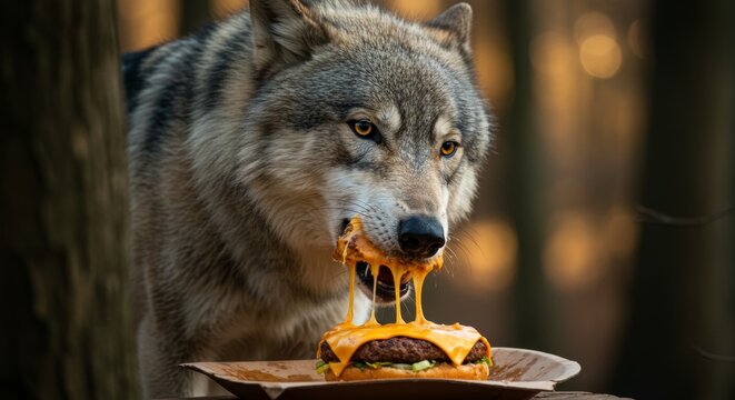 wolf eating burger