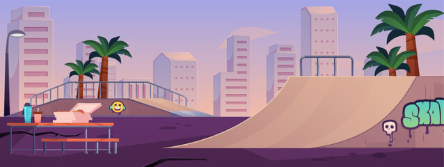 Vector illustration of urban skate park on sunset sky background. © sabelskaya