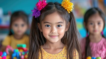 Fototapeta premium Happy girl in preschool classroom with friends