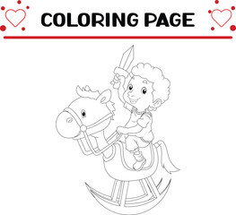 boy is holding sword playing horse toy coloring page for kids