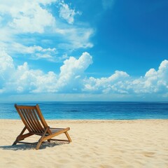 Cozy beach chair on sand overlooking calm ocean with fluffy clouds on a bright sunny day. Generative AI