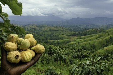 Group Holding Cashew Fruits in Lush Landscape