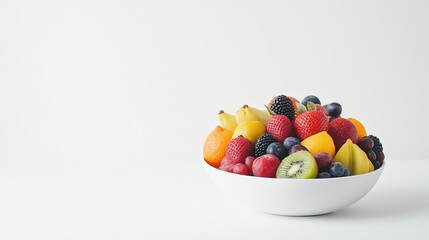A vibrant bowl filled with various fruits including strawberries, blueberries, kiwis, and oranges sits on a bright white surface. The arrangement provides a refreshing and healthy appearance