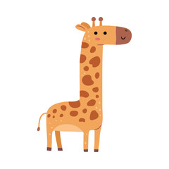Naklejka premium African wildlife animal with long neck and spotted coat fur. Vector cute giraffe standing and smiling. Isolated cartoon character from reserve or zoo park. Toy for children, biodiversity of Africa