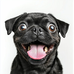 Funny black pug with tongue out and happy silly expression on white background

