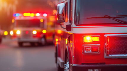 Fire trucks with emergency lights on are parked on street, showcasing sense of urgency and readiness for action during emergency response
