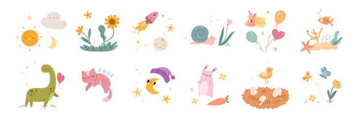 Baby cards decoration. Vector in flat style, isolated set of positive personages, nature and cosmic theme. Aquatic and galaxy, dinosaur and moon, rabbit with carrot and bird with nest and eggs © Sensvector