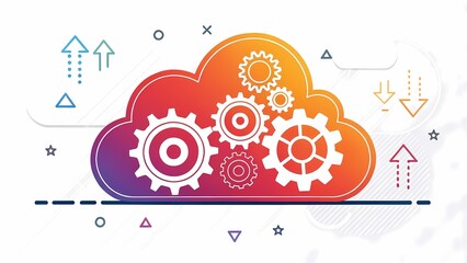 Fototapeta premium Cloud with gears and arrows on a white background, symbolizing technology, data management, and automation concepts