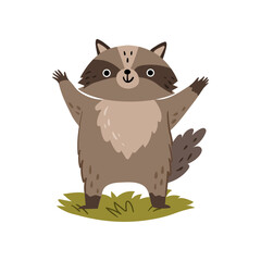 Raccoon or racoon animal, forest habitat on grass. Vector illustration of wild coon with paws up, funny forest raccoon. Cheerful humor pet for kids or children, home pet