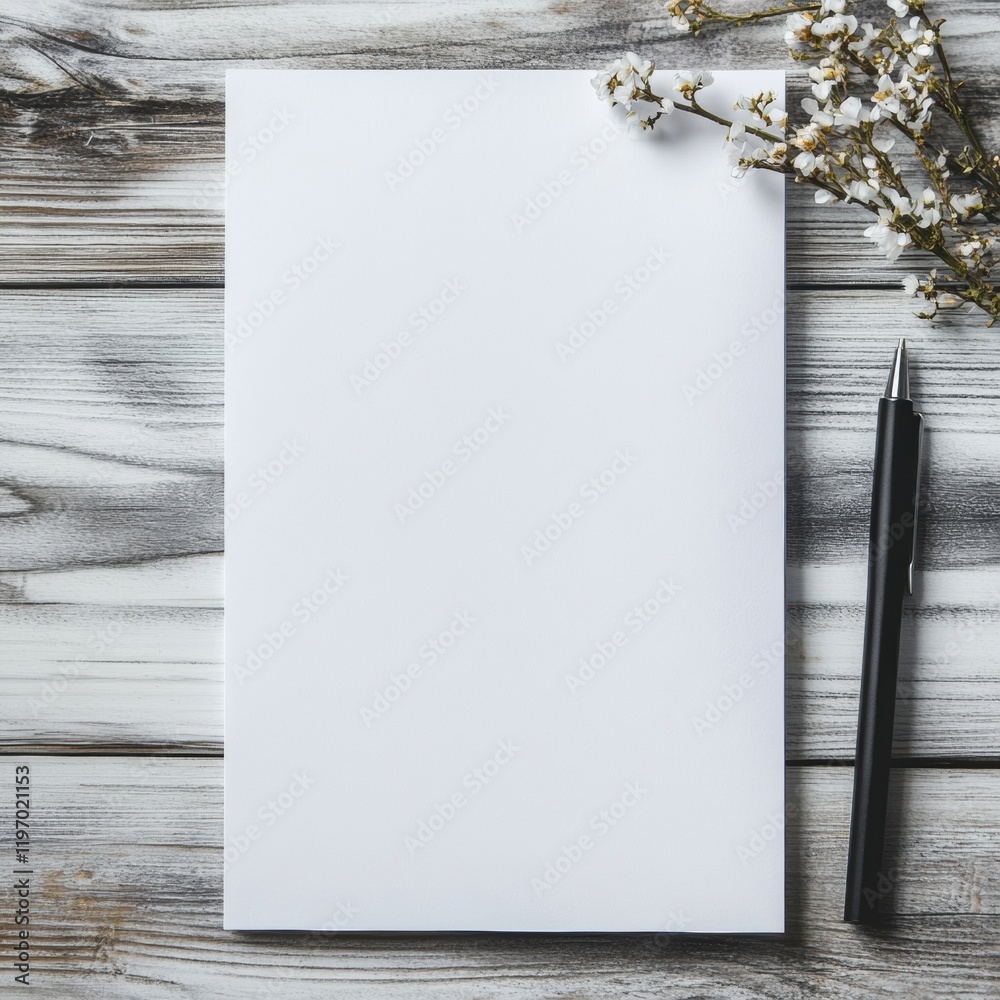 Poster blank paper with black pen and decorative flowers on wooden surface for text placement and mockup de