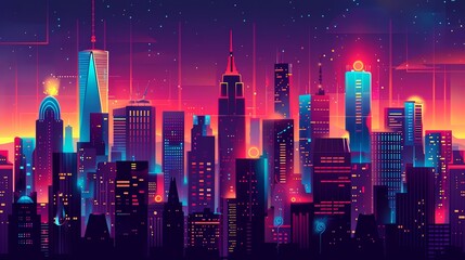 Fototapeta premium A stylized cityscape with neon lights and a starry sky.