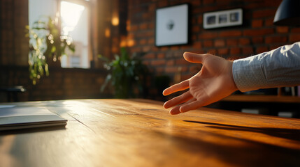 Obraz premium welcoming hand gesture in cozy office setting with warm lighting
