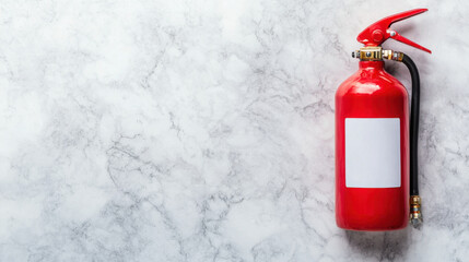 red portable fire extinguisher with blank label is placed on white marble surface, showcasing its safety equipment design and functionality