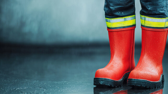 Red fire resistant boots with reflective stripes on wet concrete floor, worn by person in dark pants, showcasing safety and durability in rainy conditions
