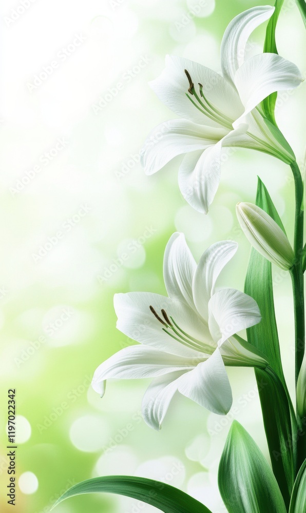 Leinwandbilder white lilies bloom vibrantly in a soft green background with ample copy space for text placement and